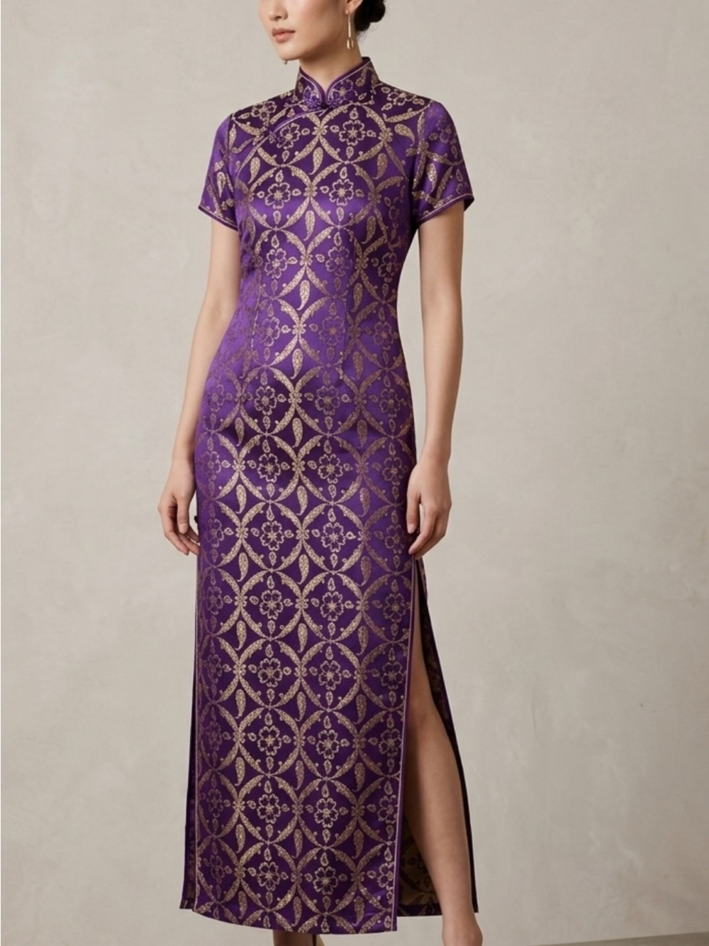 Elegant Purple Brocade Cheongsam Dress